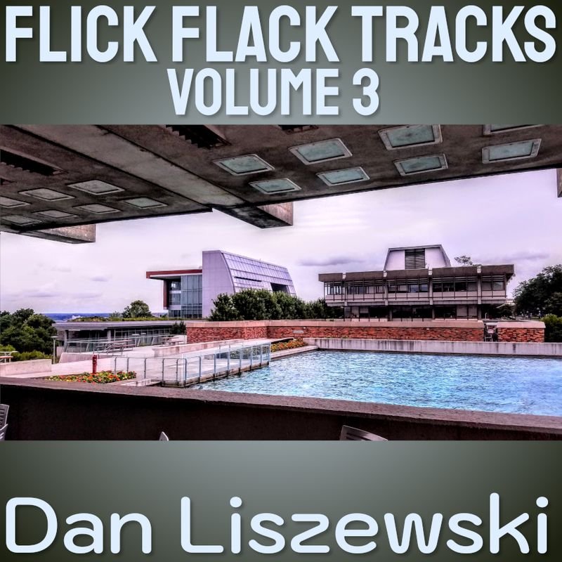 The Flick Flack Tracks Volumen 3 album cover featuring a stylized image of the Job Hall, Park Center (Business School) and the Dillingham Center and Fountain on Ithaca College campus.